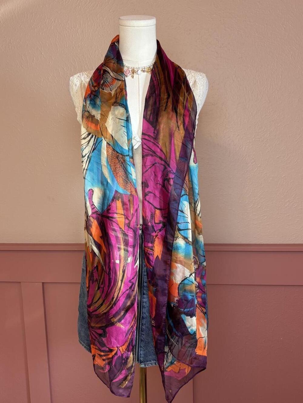 floral lightweight flowy long scarf vibrant abstract pink purple